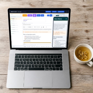 Ruhiger Arbeitsplatz mit Laptop – symbolisiert die schlichte, klare Gestaltung einer Praxis-Website